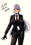  1girl absurdres ak-15_(erwin)_(girls'_frontline) ak-15_(girls'_frontline) black_coat black_pants black_suit coat dated formal_clothes girls'_frontline gotit grey_hair highres long_sleeves necktie official_alternate_costume pants purple_eyes red_necktie signature simple_background solo suit white_background 