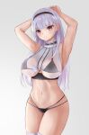  1girl armpits arms_behind_head azur_lane bikini black_bikini black_hairband blunt_bangs blush breasts clothing_cutout dido_(azur_lane) dress hairband highres kdkaikai long_hair looking_at_viewer maid multi-strapped_bikini_bottom over-kneehighs see-through_clothes see-through_dress smile swimsuit thighhighs underboob underboob_cutout white_hair 