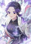  1girl animal black_hair black_jacket black_skirt breasts bug butterfly butterfly_hair_ornament commentary_request forehead hair_ornament highres jacket kimetsu_no_yaiba kochou_shinobu looking_at_viewer matsurika_youko medium_breasts multicolored_hair open_clothes pleated_skirt purple_eyes purple_hair signature skirt smile solo twitter_username two-tone_hair watermark 