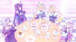  &gt;_&lt; 4girls ^_^ absurdres animal_ears asymmetrical_horns bandaid bandaid_hair_ornament belt black_coat black_corset black_dress black_gloves black_hair black_jacket black_skirt black_vest blonde_hair blue_belt blue_hair blue_hairband bookshelf center-flap_bangs checkered_floor chest_jewel closed_eyes clothing_cutout coat colored_inner_hair commentary copyright_notice corset crossed_bangs cup dog_ears dog_girl dog_tail double-parted_bangs dress dress_shirt eating english_commentary feather-trimmed_sleeves flower flower_knot fur-trimmed_coat fur-trimmed_jacket fur_trim fuwawa_abyssgard fuwawa_abyssgard_(1st_costume) gem gloves grey_hair hair_between_eyes hair_flaps hair_intakes hair_ornament hairband hairclip hand_jewel headphones headphones_around_neck headpiece highres holding holding_cup holding_spoon holoadvent hololive hololive_english horn_flower horn_hairband horns indoors jacket koseki_bijou koseki_bijou_(1st_costume) long_hair long_sleeves looking_at_another looking_at_viewer metal_wings miniskirt mococo_abyssgard mococo_abyssgard_(1st_costume) multicolored_hair multiple_girls nerissa_ravencroft nerissa_ravencroft_(1st_costume) official_art open_mouth pencil_skirt pink_hair pink_hairband purple_gemstone purple_hair red_eyes ribbed_shirt shiori_novella shiori_novella_(1st_costume) shirt short_hair short_shorts shorts shoulder_cutout sidelocks skirt split-color_hair spoon strapless strapless_dress streaked_hair tail tassel tassel_hair_ornament teacup teapot two_side_up uneven_horns very_long_hair vest virtual_youtuber white_dress white_shirt white_shorts x_hair_ornament yunare 