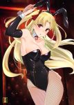  animal_ears arm_warmers bangs black_leotard blonde_hair breasts bunny_ears bunnysuit cowboy_shot detached_collar earrings ereshkigal_(fate/grand_order) fate/grand_order fate_(series) fishnet_pantyhose fishnets jewelry leotard logo long_hair medium_breasts murio neck_ribbon pantyhose parted_bangs red_eyes red_ribbon ribbon solo strapless strapless_leotard two_side_up wrist_cuffs 
