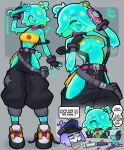  2girls :d ^_^ absurdres bandana bandana_around_neck belt black_pants breasts can character_name chibi chibi_inset closed_eyes commentary disembodied_head drink_can english_commentary english_text fang fingerless_gloves gloves green_eyes grey_background gwenda_(justadrian) hair_ornament hair_over_one_eye highres hip_vent holding holding_can justadrian_(yoadriandk) large_breasts monster_girl multiple_girls multiple_views open_mouth original pants pouch puffy_pants robot_girl screwdriver shoes simple_background skin_fang slime_girl smile sneakers speech_bubble star-shaped_pupils star_(symbol) star_hair_ornament strapless suspenders suspenders_slip sweat symbol-shaped_pupils tail tube_top underboob untied_shoelaces v yellow_tube_top 