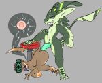 all_fours anthro avali big_penis brown_body censor_bar duo feathered_wings feathers female genitals green_body green_eyes green_sperm_cell impregnation male male/female nude on_one_leg ovum ovum_penetration penis sharp_teeth standing tail tail_feathers teeth tongue tongue_out wings wizrat