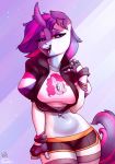  2018 anthro atryl clothed clothing collaboration digital_media_(artwork) ear_piercing equine fan_character female fingerless_gloves friendship_is_magic gloves hair hi_res horn looking_at_viewer mammal midriff multicolored_hair multicolored_tail my_little_pony navel open_mouth piercing pinkie_pie_(mlp) siden solo two_tone_hair unicorn 