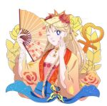  1girl aino_minako alternate_costume alternate_hairstyle bishoujo_senshi_sailor_moon blue_eyes blue_sash bow breasts butterfly_earrings circlet cleavage collarbone earrings floral_print flower hair_bow hair_flower hair_ornament hand_fan highres japanese_clothes jewelry kimono koya looking_at_viewer one_eye_closed pendant pink_nails sash simple_background smile solo venus_symbol white_background 