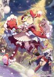  2girls :d ^_^ blonde_hair blush brave_sword_x_blaze_soul capelet christmas closed_eyes closed_mouth commentary_request copyright_name dress fang fang_out fur-trimmed_capelet fur-trimmed_dress fur-trimmed_thighhighs fur_trim green_eyes hat highres lionheart_(brave_sword_x_blaze_soul) long_hair morino_hon multiple_girls night open_mouth outdoors red_capelet red_dress red_hat red_shoes santa_hat shoes smile snowing standing standing_on_one_leg thigh_strap thighhighs watermark 