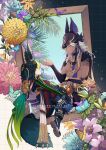  2boys abs absurdres animal_ear_fluff animal_ears artist_name black_gloves black_hair black_shoes black_sleeves blue_butterfly bug butterfly cyno_(genshin_impact) dark-skinned_male dark_skin detached_sleeves flower fox_boy fox_tail genshin_impact gloves green_butterfly green_eyes grey_hair hair_ornament hen-tie highres multiple_boys orange_butterfly orange_eyes pink_flower purple_butterfly purple_flower shoes tail tighnari_(genshin_impact) yellow_flower 