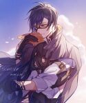 1boy 1girl arm_pouch artist_name black_gloves black_hair black_jacket blue_eyes blue_hair bulletproof_vest chinese_commentary clarence_clayden clarence_clayden_(eden) closed_mouth cloud couple covering_head dated dream_han dusk gloves hair_between_eyes hair_over_eyes height_difference heroine_(lovebrush_chronicles) hetero highres hug jacket jacket_on_shoulders long_hair looking_at_another looking_down lovebrush_chronicles mole mole_under_eye orange-tinted_eyewear orange_jacket profile safety_glasses shirt short_hair side_part sleeve_garter sleeves_rolled_up smile tinted_eyewear two-sided_fabric two-sided_jacket upper_body white_shirt 