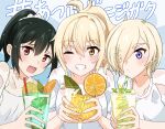  3girls black_hair blonde_hair blue_background collarbone commentary_request cup drink drinking_glass eyes_visible_through_hair food fruit garnish grin hair_between_eyes hair_intakes hair_ornament hair_over_one_eye hair_scrunchie highres holding holding_cup holding_drink lemon lemon_slice lime_(fruit) lime_slice love_live! love_live!_nijigasaki_high_school_idol_club medium_hair mia_taylor mifune_shioriko mint miyashita_ai multiple_girls orange_(fruit) orange_eyes orange_slice poizun_(user_wmgk4287) ponytail purple_eyes raised_inner_eyebrows scrunchie shirt short_hair sidelocks simple_background smile sweat translation_request wet wet_clothes wet_shirt white_scrunchie white_shirt 