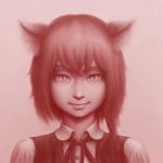  absurdres animal_ears closed_mouth commentary_request cookie_(touhou) eyebrows fox_ears french_commentary highres looking_at_viewer miramikaru_riran monochrome nekusasu original photorealistic red ribbon short_hair slit_pupils smile solo touhou upper_body 
