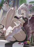  1girl barefoot bikini black_bikini bottle breasts commentary_request crossed_legs cup feet flamingo_raft food foot_focus fruit grapes hair_intakes highres holding holding_cup honkai_(series) honkai_impact_3rd ice ice_cube large_breasts lemon long_hair official_alternate_costume parted_lips purple_eyes sitting soles solo swimsuit thelema_nutriscu toes underboob vespar4 white_hair wine_bottle 