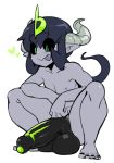  &lt;3 5_fingers 5_toes areola balls big_balls big_eyes big_penis black_sclera crouching demon docu_(doppel) doppel green_eyes grey_tongue horn huge_penis humanoid looking_at_self looking_down male monster_boy monster_energy multicolored_skin nipples not_furry penis pointy_ears simple_background smile solo toes tongue tongue_out two_tone_skin white_background 