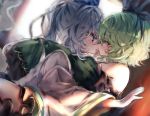  bare_shoulders blurry blurry_background blush commentary eyebrows_visible_through_hair frills from_side green_hair hat hug long_hair long_sleeves looking_at_another mononobe_no_futo multiple_girls open_mouth piyokichi ponytail profile short_hair soga_no_tojiko sweat tate_eboshi touhou wide_sleeves yuri 