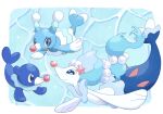  :d blue_eyes blue_hair blue_skin brionne closed_mouth colored_skin evolutionary_line eyelashes fang full_body highres long_hair no_humans oawa_oo open_mouth pokemon pokemon_(creature) pokemon_focus popplio primarina smile starfish_hair_ornament white_skin 