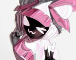  1girl ;) ;3 armor blurry blurry_background commentary depth_of_field english_commentary grey_background highres ink_(inkypyon) loli_(to_be_hero_x) long_hair one_eye_closed pink_armor power_armor simple_background smile to_be_hero to_be_hero_x twitter_username upper_body v 