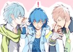  3boys clear_(dramatical_murder) dramatical_murder earrings hand_holding hand_kiss male male_focus multiple_boys noiz_(dramatical_murder) piercing seragaki_aoba yaoi 