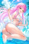  1girl absurdres akusamu angel_wings ass bare_shoulders beach bikini blue_archive blue_sky breasts cleavage cloud collarbone commentary day dutch_angle feathered_wings floating_hair food frilled_bikini frills from_side front-tie_bikini_top front-tie_top hair_between_eyes hair_intakes halo hand_up highres holding holding_food holding_popsicle large_breasts lens long_hair looking_at_viewer low_wings mika_(blue_archive) mika_(swimsuit)_(blue_archive) navel ocean official_alternate_costume open_mouth outdoors palm_tree pink_hair pink_halo popsicle sidelocks sky smile solo stomach sunlight swimsuit thighs tree underboob very_long_hair wading water wet white_bikini white_wings wing_ornament wings yellow_eyes 