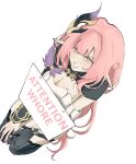  1girl black_gloves blue_eyes breasts cleavage commentary_request corset elf elysia_(honkai_impact) elysia_(miss_pink_elf)_(honkai_impact) english_text gloves hair_ornament hanging_sign highres holding holding_sign honkai_(series) honkai_impact_3rd large_breasts long_hair looking_at_viewer pink_hair pointy_ears seiza shrug_(clothing) sign simple_background single_glove sitting solo spanish_commentary sunny_(sunnyy_y1) thighs very_long_hair white_background white_corset 