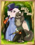 absurd_res blue_clothing blue_dress bottomwear chain clothing collared_shirt corset_dress cowboy_hat dress dress_shirt dungeons_and_dragons eyeshadow fangs feathers fingers flower forest forest_background freckled_face freckles fur gloves grass_field green_eyes grey_body grey_fur handwear hasbro hat headgear headwear hi_res hooved_fingers hooves leather leather_clothing leather_gloves leather_handwear makeup napkin nature nature_background neck_tuft pants pattern_bottomwear pattern_clothing pattern_pants pattern_topwear pattern_vest peacock_feather plant romantic romantic_couple rose_(flower) shawl shirt smile smiling_at_viewer striped_bottomwear striped_clothing striped_pants striped_topwear striped_vest stripes teeth top_hat topwear tree tree_trunk tuft vest wastedtimeee wizards_of_the_coast wool_(fur) wool_hair