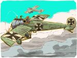  2boys above_clouds aircraft aircraft_turret airplane blue_sky cat_boy cloud fokker_eiii fokker_eindecker furry gun highres machine_gun maxim_gun military_vehicle multiple_boys original painting_(medium) propeller propeller_fighter sky traditional_media watercolor_(medium) weapon wheel yabarn 