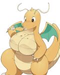 2024 absurd_res abyss_creature_(artist) antennae_(anatomy) breasts brown_eyes chicken_meat claws countershading digital_drawing_(artwork) digital_media_(artwork) dragonite eating_chicken_meat featureless_breasts female food front_view generation_1_pokemon hi_res holding_chicken korean_description meat membrane_(anatomy) membranous_wings nintendo orange_body orange_tail pokemon pokemon_(species) portrait roast_chicken_leg simple_background solo tail white_background white_sclera wings