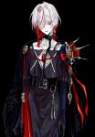  1boy black_background blue_eyes chest_jewel cowboy_shot earrings eyeshadow eyeshadow_under_eye fate/grand_order fate_(series) hair_ornament highres jewelry karna_(fate) karna_(fgo_fes._2025)_(fate) looking_at_viewer makeup male_focus medium_hair multicolored_hair multiple_earrings ngg_n pale_skin red_eyeshadow red_hair simple_background smile solo two-tone_hair white_hair 