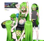  5girls :3 absurdres animification armpits artist_name bike_shorts_under_skirt black_pantyhose black_shorts black_skirt blush breasts cars_(movie) chick_hicks clipboard commentary cup disposable_cup drinking_straw english_commentary english_text fake_facial_hair fake_mustache genderswap genderswap_(mtf) green_hair hair_between_eyes half-closed_eyes hand_on_own_thigh headphones headset heavy_breathing highres holding holding_clipboard looking_at_another looking_at_viewer microskirt multiple_girls navel nisp_art one_side_up pantyhose pleated_skirt reference_inset ribbon shorts simple_background skirt small_breasts sparkle standing sweat trophy wheel white_background 