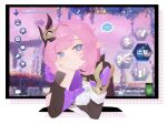  ... 1girl commentary_request corset elf elysia_(honkai_impact) elysia_(miss_pink_elf)_(honkai_impact) game_screenshot_background gameplay_mechanics hair_ornament hand_on_own_cheek hand_on_own_face hashtag-only_commentary highres honkai_(series) honkai_impact_3rd long_hair looking_at_viewer maguropeperonn monitor pink_hair pointy_ears screenshot_background smile solo spoken_ellipsis through_medium through_screen white_corset 