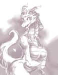  anthro breasts dragon featureless_breasts female hair horn looking_at_viewer mature_female monochrome nude open_mouth pwcsponson smile solo standing wide_hips 