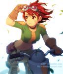  choker commentary dav-19 eva_wei eyebrows_visible_through_hair facial_mark gloves goggles goggles_on_head ground_vehicle leaf looking_to_the_side midriff motor_vehicle oban_star-racers red_eyes red_hair scooter short_hair solo watermark web_address white_background wind 
