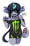  bare_shoulders black_nails black_sclera blush bulge docu_(doppel) doppel_(pixiv) eyebrows_visible_through_hair green_eyes horns male_focus monster_boy monster_energy nail_polish off_shoulder open_mouth original pointy_ears product_placement smile solo 