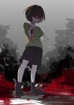  androgynous bare_knees bare_legs black_footwear black_shorts blood blood_splatter brown_hair chara_(undertale) dagger gray_background green_shirt grin holding_weapon knife_in_hand open_mouth red_eyes sakaegutikunn shirt shoes short_hair shorts smile splatter teeth undertale weapons 