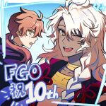  2boys ;d ahoge anniversary braid chaldea_no_mono commentary dark-skinned_male dark_skin eyes_visible_through_hair fate/grand_order fate_(series) film_grain flower_knot hair_between_eyes hair_over_shoulder jewelry long_hair looking_at_viewer looking_back low_ponytail male_focus multiple_boys myg_8028 neck_ring one_eye_closed open_mouth orange_hair ponytail side_braid single_braid smile solomon_(fate) sweat teeth upper_body upper_teeth_only very_long_hair white_hair yellow_eyes 