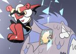  1boy 1girl armor autodefenestration black_tank_top blue_skin boots broken_glass broken_window colored_skin eyelashes eyepatch fins fish_girl glass gloves head_fins house houten_(dre_a_mer) jumping mohawk o_o papyrus_(undertale) ponytail red_boots red_gloves red_hair red_scarf scales scarf sharp_teeth skeleton sparkle tank_top tearing_up teeth undertale undyne x_arms x_x 