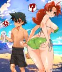  1boy 1girl ? anger_vein ash_ketchum ass beach bent_over bikini black_hair black_male_swimwear blush borrowed_clothes breasts brown_eyes brown_hair butt_crack coffee-break cup curvy day delia_ketchum disgust disposable_cup drink frown glaring green_bikini hand_on_own_knee highres holding holding_drink large_breasts leaning_forward low_ponytail male_swimwear mother_and_son ocean outdoors partially_shaded_face pokemon pokemon_(anime) ponytail shaded_face shiny_skin side-tie_bikini_bottom skindentation speech_bubble standing sun sweat swim_trunks swimsuit teeth topless_male upper_teeth_only wedgie wet 