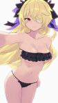  1girl bikini black_bikini blonde_hair breasts cait_aron cleavage closed_mouth collarbone eyepatch fischl_(genshin_impact) frilled_bikini frills genshin_impact grey_background highres looking_at_viewer medium_breasts red_eyes selfie solo standing swimsuit thighs underboob 