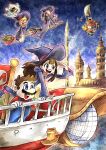  1boy 2017 3girls aircraft airship belt blonde_hair blue_eyes blue_overalls boots broom broom_riding brown_hair cappy_(mario) commission crossover dress facial_hair gloves hair_over_one_eye hat highres holding holding_mushroom hooded_dress kagari_atsuko kicdon little_witch_academia long_hair lotte_jansson luna_nova_school_uniform mario mario_(series) multiple_girls mushroom mustache odyssey_(super_mario_odyssey) one_eye_closed open_mouth overalls pale_skin pixiv_commission red_belt red_eyes red_hat school_uniform shirt short_hair smile sucy_manbavaran sunset super_mario_odyssey tower white_gloves witch witch_hat 