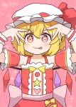  1girl :p alternate_costume arms_up back_bow bare_shoulders blonde_hair blush bow bowtie closed_mouth commentary_request coruthi detached_sleeves dot_nose dress flandre_scarlet frilled_sleeves frills hat hat_ribbon highres looking_at_viewer mob_cap pink_background pink_bow red_dress red_eyes red_ribbon red_sleeves ribbon short_hair short_sleeves sleeveless sleeveless_dress smile solo star-shaped_pupils star_(symbol) symbol-shaped_pupils tongue tongue_out touhou upper_body white_hat wrist_cuffs yellow_bow yellow_bowtie 