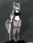  2016 absurd_res alexandria_bleu anthro belt biped black_clothing black_nose black_topwear blue_hair breasts canine clothed clothing digital_media_(artwork) digital_painting_(artwork) dirtyscoundrel ear_piercing eyewear female fully_clothed fur glasses green_eyes grey_background grey_ears grey_fur hair hi_res long_hair mammal melee_weapon midriff multicolored_fur naval_piercing navel piercing pose shirt signature simple_background snout solo standing sword tan_bottomwear tan_clothing tan_shorts tank_top topwear two_tone_fur weapon white_fur white_tail wolf 