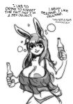  anthro big_breasts breasts clothed clothing dialogue drunk english_text female greyscale hair huge_breasts lagomorph mammal monochrome nipples pwcsponson rabbit smile solo text 