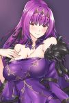  breasts circlet commentary_request dress fate/grand_order fate_(series) feather-trimmed_sleeves hair_ribbon large_breasts long_hair purple_dress purple_hair red_eyes ribbon scathach_(fate)_(all) scathach_skadi_(fate/grand_order) shirokuma_a solo strapless strapless_dress upper_body 