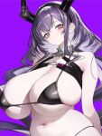  1girl absurdres alternate_breast_size alternate_costume arknights bare_shoulders bikini black_bikini black_hairband black_horns breasts collar glaring hairband highres horns huge_breasts long_hair metal_collar pink_eyes purple_background purple_hair simple_background solo stomach string_bikini swimsuit typhon_(arknights) very_long_hair vxdrq 