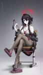  1girl absurdres black_hair black_pantyhose blue_archive breasts bucho_sama collared_shirt crossed_legs eyeliner flip-flops hair_between_eyes hair_ornament hair_stick halo highres kokuriko_(blue_archive) large_breasts looking_at_viewer loose_necktie makeup necktie pale_skin pantyhose red_eyeliner red_eyes red_halo red_lips red_necktie sandals school_uniform shirt sitting solo spider_web_pattern white_shirt 