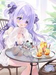  1girl absurdres amamiya_shizuku_(hizuki_yayoi) animal bikini blush bow breasts chair chinchilla_(animal) cleavage commentary_request dot_nose double-parted_bangs drinking_straw embarrassed feet_out_of_frame food fork frilled_bikini frills fruit glass glass_table hair_between_eyes hair_bow highres hizuki_yayoi ice ice_cream ice_cube large_breasts lemon lemon_slice lemonade long_bangs long_hair long_shirt long_sleeves looking_at_viewer on_chair open_clothes open_mouth open_shirt oreo original pitcher_(container) plant plate polka_dot polka_dot_bikini polka_dot_bow purple_bikini purple_bow purple_eyes purple_hair shirt sitting sleeves_past_wrists solo swimsuit table tray two_side_up waffle wavy_mouth whipped_cream white_shirt 