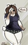  2017 absurd_res anthro bear biped black_clothing black_nose black_shirt black_topwear black_underwear breasts brown_fur brown_hair clothed clothing dialogue digital_media_(artwork) digital_painting_(artwork) dirtyscoundrel female fur green_eyes hair hi_res mammal medium_breasts multicolored_clothing multicolored_fur multicolored_underwear one_eye_closed pattern_clothing shirt short_tail signature simple_background snout solo speech_bubble spotted_clothing spotted_underwear t-shirt topwear two_tone_clothing two_tone_fur two_tone_underwear underwear white_background white_fur white_tail 