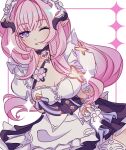  1girl ;) apron black_dress blue_eyes breadmilqq breasts butterfly_hair_ornament cleavage commentary dress elf elysia_(honkai_impact) elysia_(miss_pink)_(honkai_impact) elysia_(miss_pink_elf)_(honkai_impact) fake_horns hair_ornament highres honkai_(series) honkai_impact_3rd horns large_breasts long_hair looking_at_viewer maid maid_apron maid_headdress official_alternate_costume one_eye_closed pink_hair pointy_ears smile solo symbol-only_commentary very_long_hair white_apron white_background 