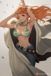  1girl armpits arms_up belt belt_buckle bikini bikini_top_only black_belt blue_pants bracelet breasts buckle cleavage closed_mouth coat coat_on_shoulders denim floating_hair gintsu glint green_bikini highres jeans jewelry large_breasts log_pose long_hair looking_at_viewer multicolored_bikini nami_(one_piece) navel one_eye_closed one_piece orange_eyes orange_hair pants patreon_logo patreon_username smile solo stomach swimsuit toned two-tone_bikini underboob white_coat wind 