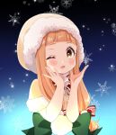  1girl ;d black_background blue_background blush bow brown_capelet brown_eyes brown_hair capelet commentary_request fur-trimmed_capelet fur-trimmed_hood fur_trim gradient_background green_bow hair_bow hands_up highres hood hood_up hooded_capelet ichihara_nina idolmaster idolmaster_cinderella_girls idolmaster_cinderella_girls_starlight_stage long_hair looking_at_viewer one_eye_closed red_bow rino_cnc smile snowflake_background solo upper_body very_long_hair 