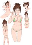  akizuki_ritsuko antenna_hair bangs bikini blush breasts brown_eyes brown_hair character_sheet cleavage collarbone folded_ponytail glasses green_bikini highres idolmaster idolmaster_(classic) large_breasts micro_bikini momo_no_suidou-sui multiple_views navel nipples nude pussy sidelocks smile swimsuit thighs 