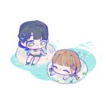  2girls ^_^ bikini black_hair blush braid brown_hair chibi chibi_only closed_eyes comiket_106 commentary green_bikini hair_bun hair_ornament hairclip kachimachi_kosuzu layered_bikini link!_like!_love_live! love_live! low_twin_braids momose_ginko multiple_girls official_alternate_costume official_alternate_hairstyle on_innertube parallel_hairclips pipi_(m1x_mix) short_hair simple_background single_hair_bun sitting swimsuit symbol-only_commentary twin_braids virtual_youtuber white_background white_bikini white_innertube x_hair_ornament 